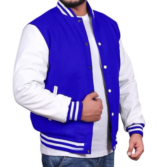 Men's Varsity Jacket Genuine Leather Sleeve and Wool Blend Letterman jacket - Picture 3 of 5
